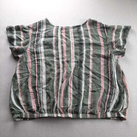 JUSTICE Girls V-Neck Short Sleeve Top Size 12 Green Pink White Gold Stripes Ring - Picture 4 of 5